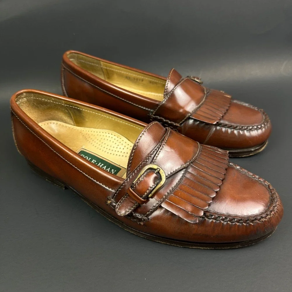 Cole Haan Brown Leather Kiltie Fringe Buckle Loafers Preppy Shoes Mens 10.5
